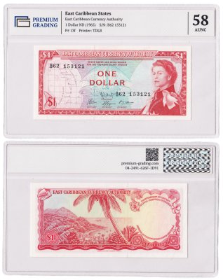 купить Восточные Карибы 1 доллар 1965 в слабе PREMIUM GRADING AUNC 58