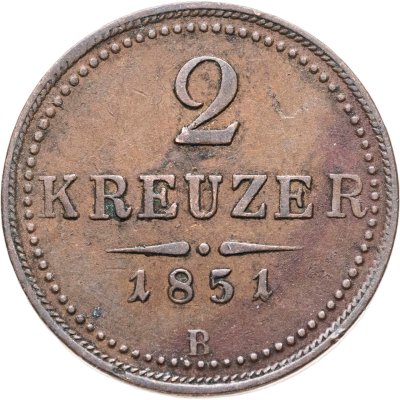 купить Австрия 2 крейцера (kreuzer) 1851 B, знак монетного двора "B" - Кремница