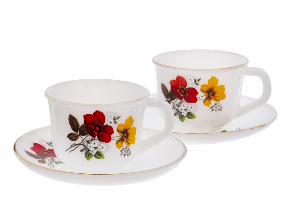 купить Набор чайных пар на две персоны с изображением  цветов, стекло, деколь, фирма "Chang Hee", Корея, 1990-2000 гг.