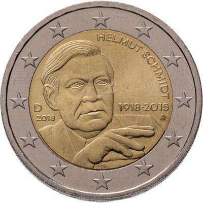 купить Германия 2 евро (euro) 2018 D "100 лет со дня рождения Гельмута Шмидта" знак монетного двора "D" - Мюнхен