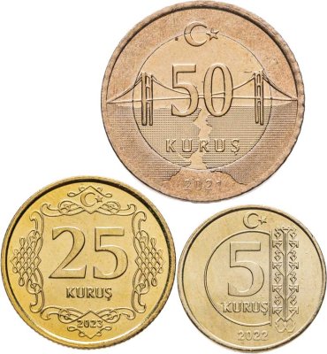 купить Турция набор из 3 монет 5, 25 и 50 курушей (kurus) 2021- 2023
