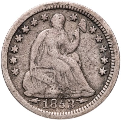 купить США 5 центов (1/2 дайма, half dime) 1853 "Seated Liberty Half Dime", Без отметки монетного двора