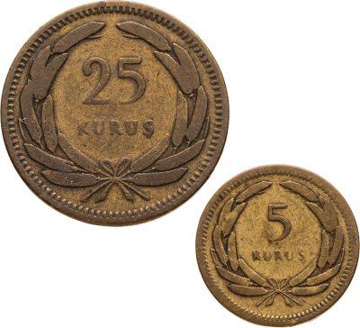 купить Турция набор из 2 монет 5 и 25 курушей (kurus) 1950-1956, случайный год