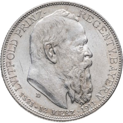 купить Германская Империя, Бавария 2 марки (mark) 1911 г. 90 лет со дня рождения Луитпольда Баварского