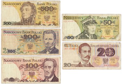 купить Польша набор из 5 банкнот 20, 50, 100, 200, 500 злотых 1982-1988