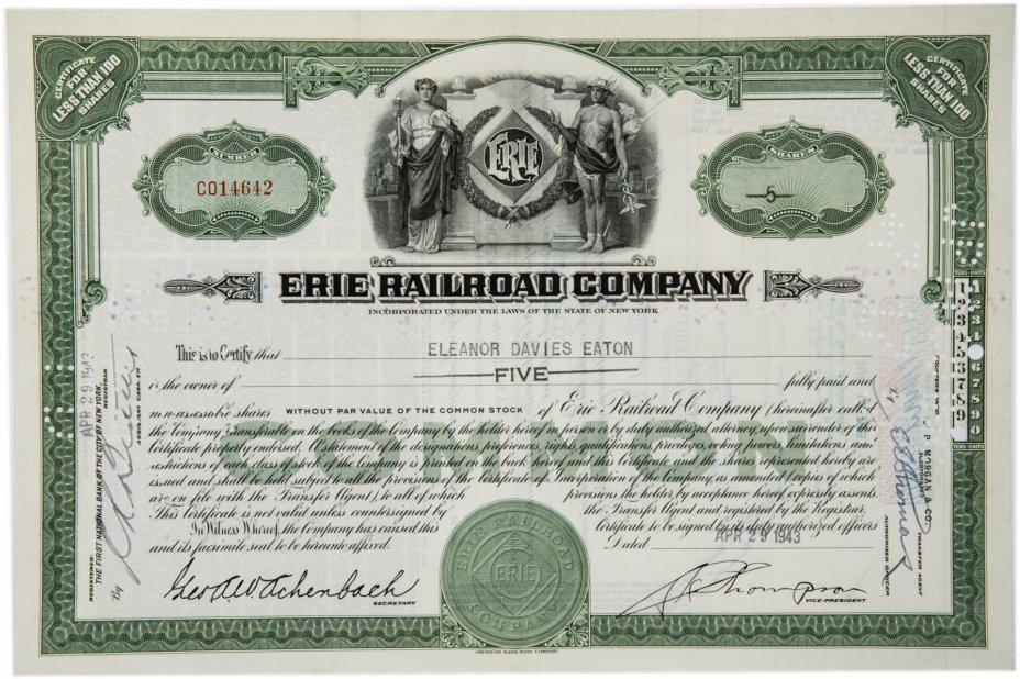 купить Акция США ERIE RAILROAD COMPANY, 1943 г.