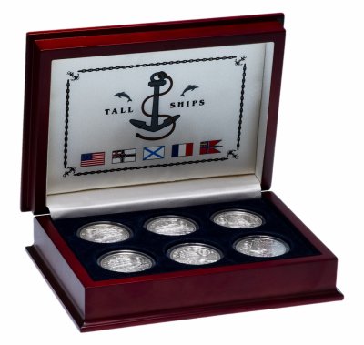 купить Острова Кука набор из 6 монет 5 долларов 2008 "Парусные корабли XX века" в подарочном футляре с сертификатом
