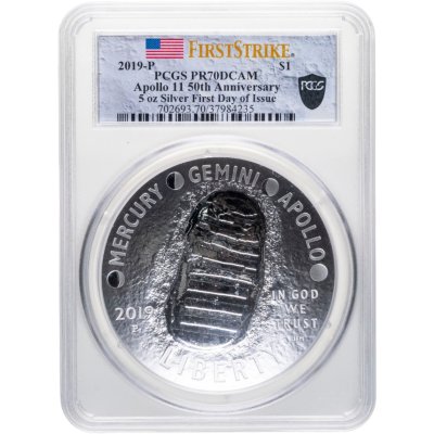 купить США 1 доллар 2019 "50 лет полёта Аполлон-11 на Луну Первый выпуск" 5 oz P - Филадельфия, в слабе PCGS PR70