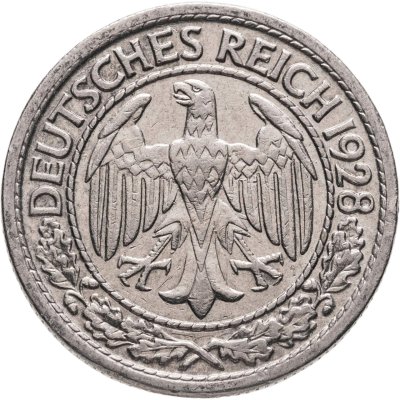 купить Германия 50 рейхспфеннигов (reichspfennig) 1928, знак монетного двора "G" — Карлсруэ