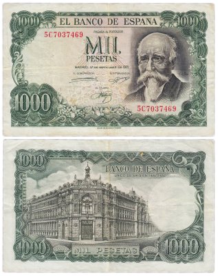 купить Испания 1000 песет 1971 Pick 154 (Хосе Эчегарай, к 100 летию Банка Испании, как единственного банка-эмитента 1874-1974)