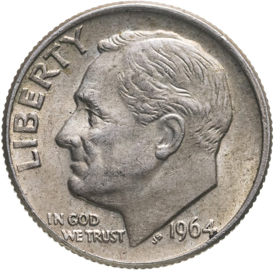 купить США 10 центов (дайм, one dime) 1964 D Silver Roosevelt Dime (Рузвельт) знак монетного двора "D" - Денвер