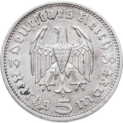 купить Германия 5 рейхсмарок (reichsmark) 1936 A Гинденбург Третий рейх, без свастики