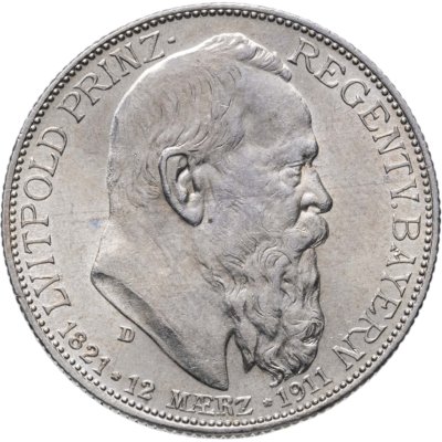купить Германская Империя, Бавария 2 марки (mark) 1911 г. 90 лет со дня рождения Луитпольда Баварского