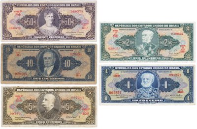 купить Бразилия набор из 5 банкнот 1, 2, 5, 10, 50 крузейро 1944 - 1967