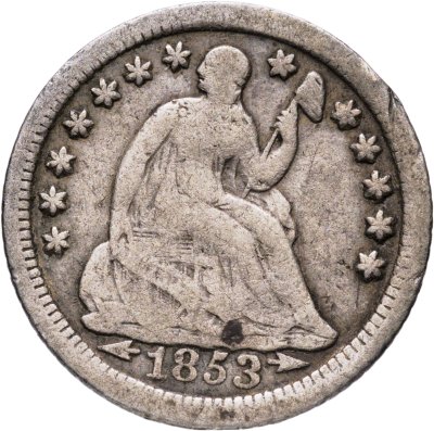 купить США 5 центов (1/2 дайма, half dime) 1853 "Seated Liberty Half Dime", знак монетного двора: "O" - Новый Орлеан