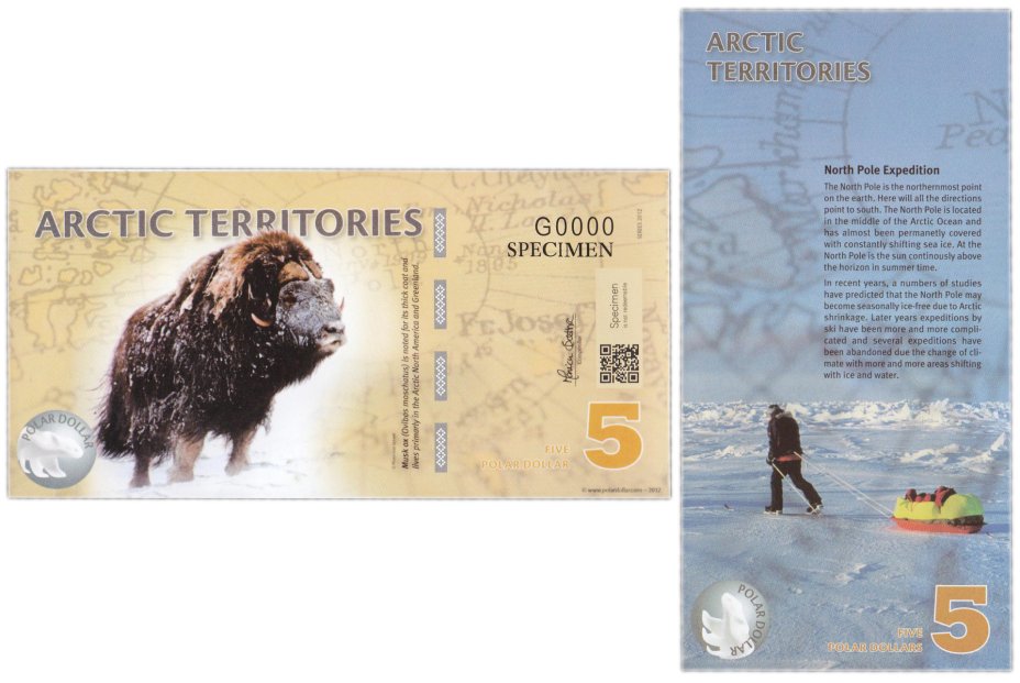 купить Сувенирная банкнота Арктические территории 5 долларов 2012 (образец)