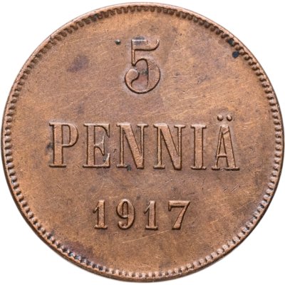 купить 5 пенни (pennia) 1917 с гербовым орлом, Российская Финляндия