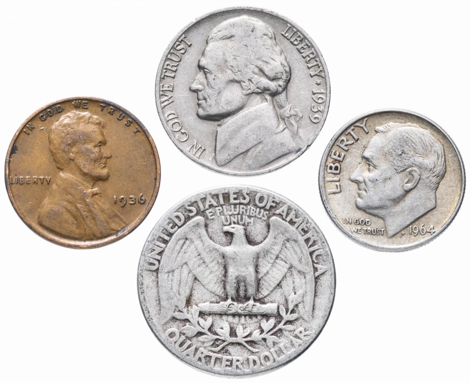 купить США комплект из 4 монет от 1 до 25 центов 1930-1964 гг.
