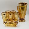 Купить Набор для подачи прохладительных напитков янтарного цвета с геометрическим декором, на 6 персон (кувшин и стаканы), цветное стекло, золочение, Чехословакия, 1950-1980 гг.