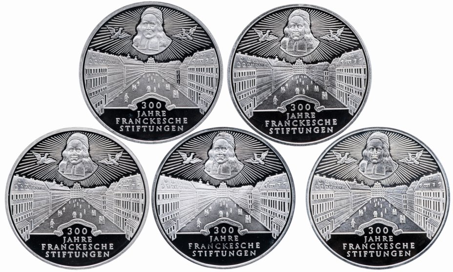 купить Германия набор монет 10 марок 1998 "300 лет Франкскому благотворительному фонду" (Двор:A, D, F, G, J)