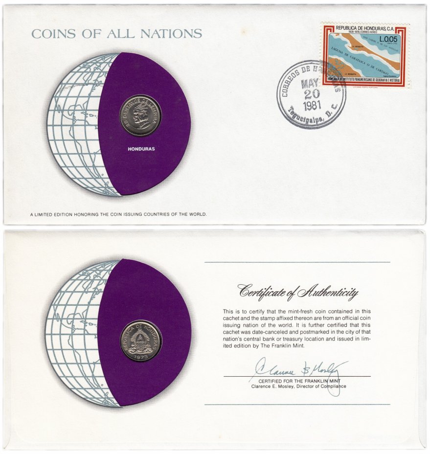 купить Серия «Монеты всех стран мира» - Гондурас 20 сентаво (centavos) 1973 (монета и 1 марка в конверте)
