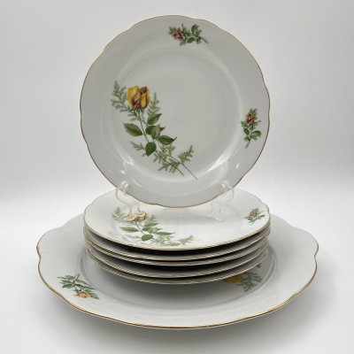 купить Набор десертных тарелок и блюда "Желтая роза" на 6 персон, фарфор, деколь, золочение, Kahla, ГДР, 1970-1980 гг.