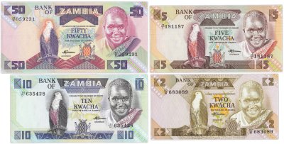 купить Замбия набор 4 банкнот 2, 5, 10, 50 квача 1980-2010 Орлан и Кеннет Каунда первый президент Замбии