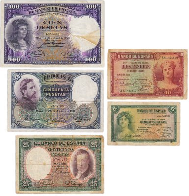 купить Набор Испания 5, 10, 25, 50 и 100 песет 1931, 1935 (Висенте Лопес Портанья, Эдуардо Росалес, Гонсало Фернандес де Кордова, Парусник) 5 бон