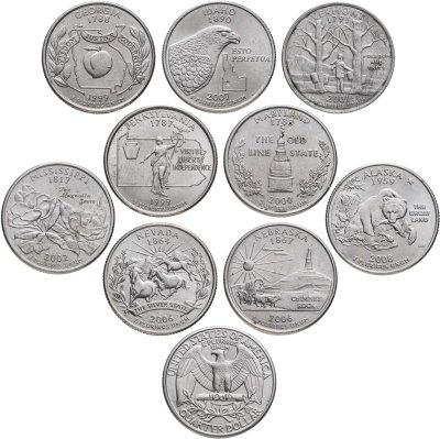 купить США набор из 10 монет 25 центов (1/4 доллара, квотер) 1993-2008