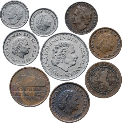 купить Нидерланды набор из 9 монет 1, 5, 10, 25 центов и 1 гульден 1878-1991
