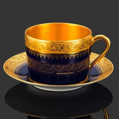 купить Пара чайная (крупная), украшенная растительным орнаментом, Lemaire Décorateur, фарфор, крытье кобальтом, двойное золочение, Limoges, Франция, 1950-1980 гг.