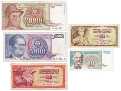 купить Югославия набор из 5 банкнот 10, 100, 5000, 20000 динаров 1978 - 1994