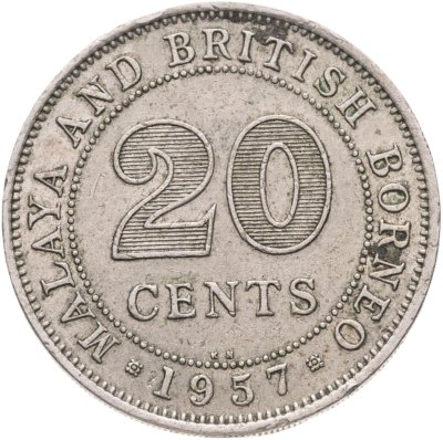 купить Малайя и Британское Борнео 20 центов (cents) 1957 KN знак монетного двора "KN" - Кингз Нортон, Бирмингем
