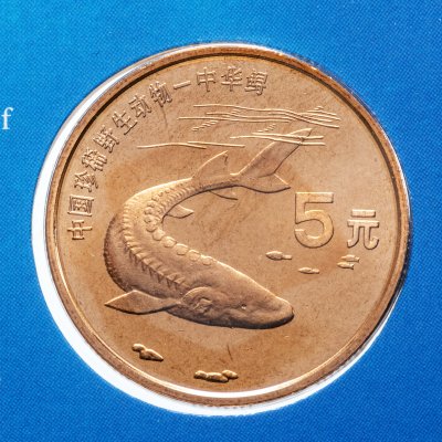 Купить Китай 5 юаней (yuan) 1999 "Красная книга - Осетр" (в буклете с сертификатом)