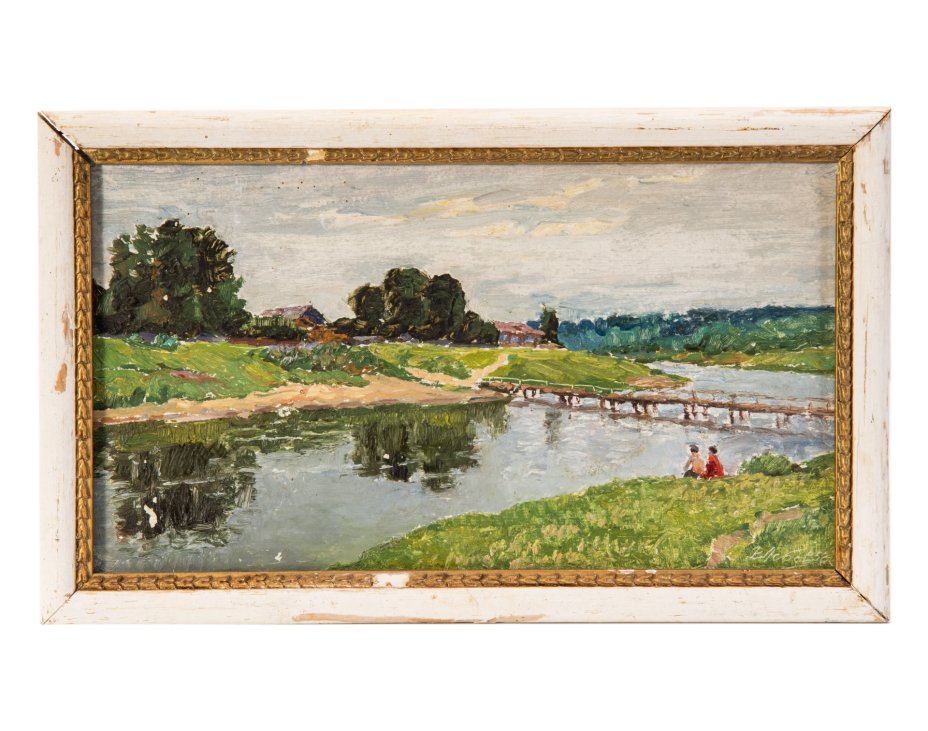 купить Картина "У реки", автор В. Лобов, картон, масло, в раме, СССР, 1958 г.