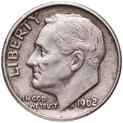 Купить США 10 центов (дайм, one dime) 1962 D Silver Roosevelt Dime (Рузвельт) знак монетного двора "D" - Денвер