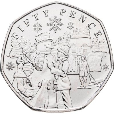 купить Гернси 50 пенсов 2024 «Рождественские снеговики - Снеговик с тремя мальчиками и собакой»