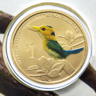 купить Тувалу 1 доллар (dollar) 2013 "Австралийские Водяные Птицы - Жёлтоклювый зимородок (Syma torotoro)" (в конверте с маркой)