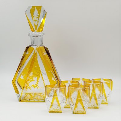 купить Набор для подачи крепких напитков на 6 персон, украшенный изображением оленей (с дарственной надписью), хрусталь, гравировка, матирование, гранение, Чехословакия, 1960-1980 гг.