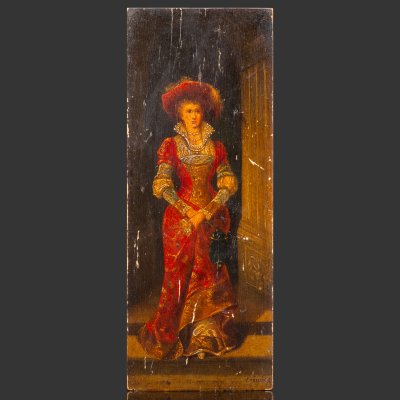 купить Картина небольшого размера "Дама в красном платье" (условное название), написанная в стилистике нидерландских художников, дерево, масло, Западная Европа, 1880-1930 гг.