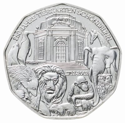Купить Австрия 5 евро (euro) 2002 250 лет Шёнбруннскому зоопарку