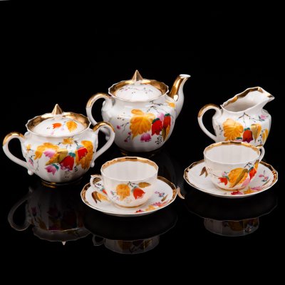 купить Набор чайный "Цветы осени", форма "Ампир", на 2 персон (7 предметов), художник Смирнов Е.П, фарфор, роспись, золочение, цировка, Дмитровский фарфоровый завод (ДФЗ Вербилки), СССР, 1954-1965 гг.