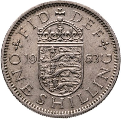 купить Великобритания 1 шиллинг (shilling) 1963, Английский герб - 3 льва внутри коронованного щита