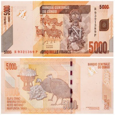 купить Конго 5000 франков 2020 (2021) "Зебра. Конголезские павлины" Фауна (Pick 102с)
