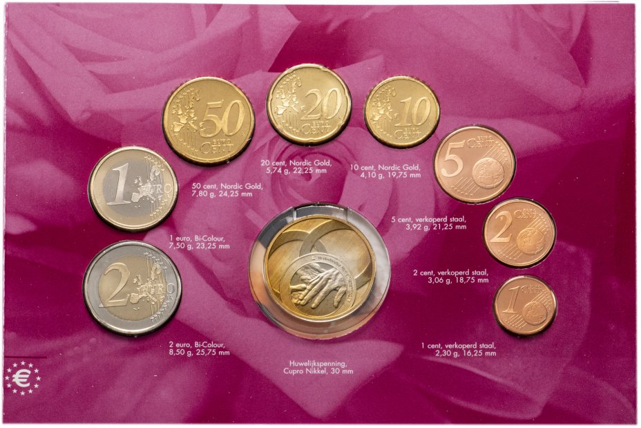 купить Нидерланды 2003 официальный годовой набор евро из 8 монет и жетона "Молодоженам" в буклете