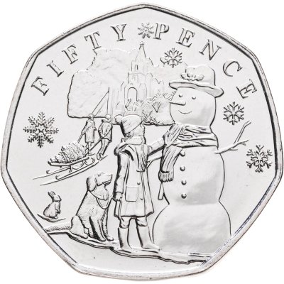 купить Гернси 50 пенсов 2024 «Рождественские снеговики - Снеговик с девочкой и собакой»