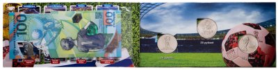 купить Набор 3х монет России 25 рублей 2018 и банкноты 100 рублей 2018 "Чемпионат мира по футболу" в альбоме
