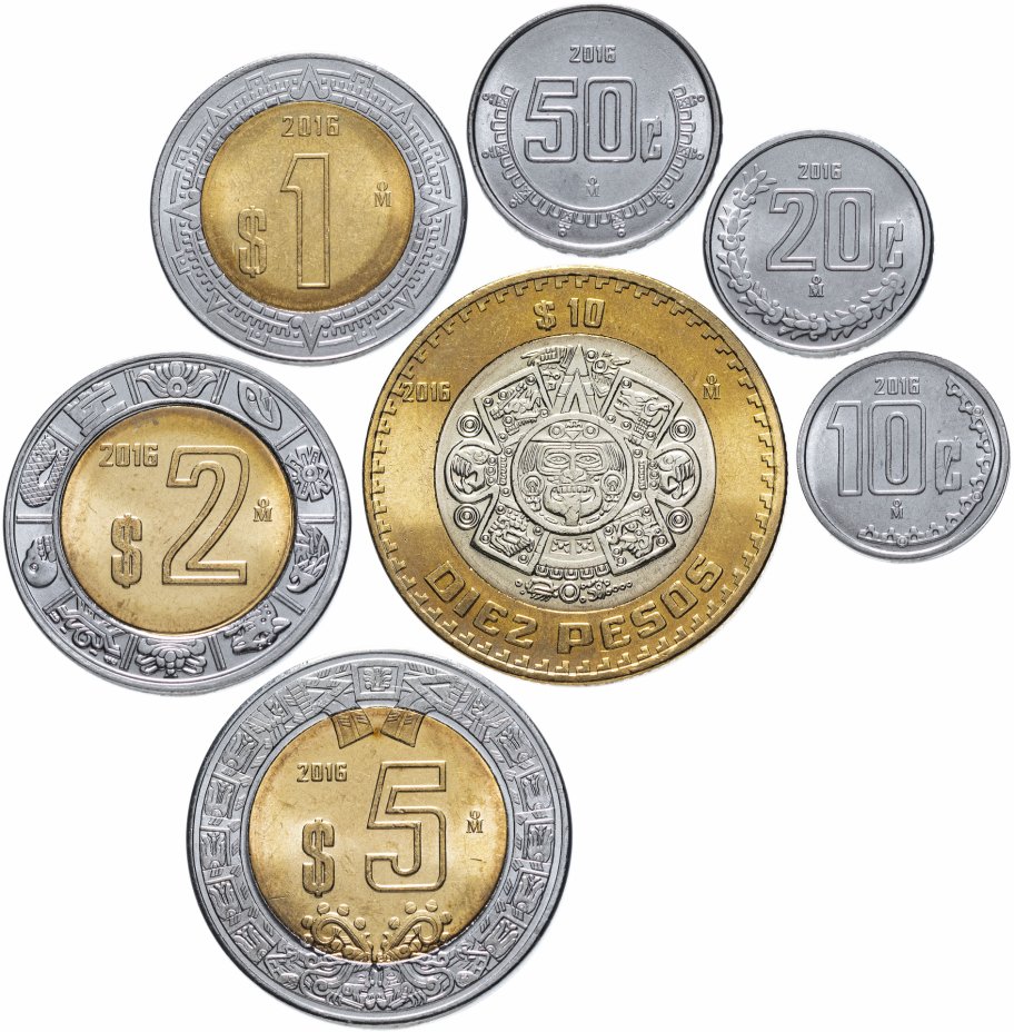 купить Мексика набор монет 2016 год 10, 20, 50 центаво, 1, 2, 5 и 10 песо (7  штук)