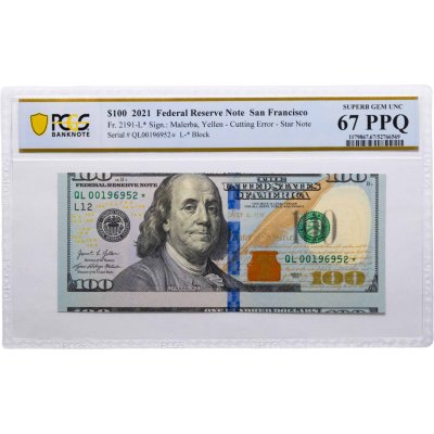 купить США 100 долларов Series 2021 "серия замещения, брак обрезания в слабе PCGS67PPQ"