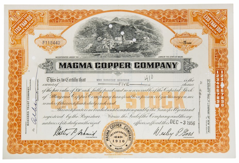 купить Акция США MAGMA COPPER COMPANY  1955- 1960 гг.